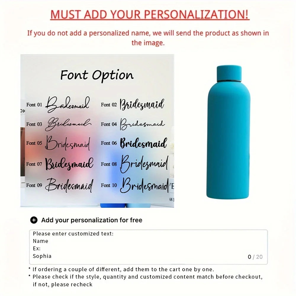 Customized Handwritten Name Stainless Steel Thermos, Matte Water Bottle, Bridesmaid Team Keepsake Gift for Friends.Christmas
