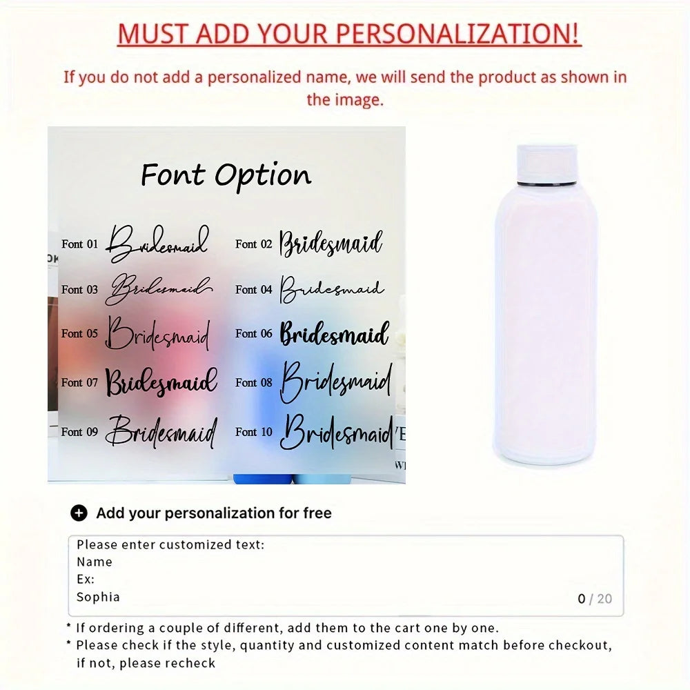 Customized Handwritten Name Stainless Steel Thermos, Matte Water Bottle, Bridesmaid Team Keepsake Gift for Friends.Christmas