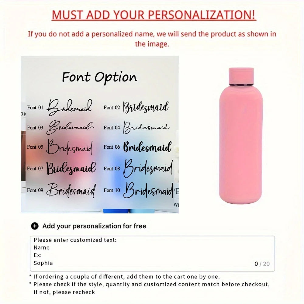 Customized Handwritten Name Stainless Steel Thermos, Matte Water Bottle, Bridesmaid Team Keepsake Gift for Friends.Christmas