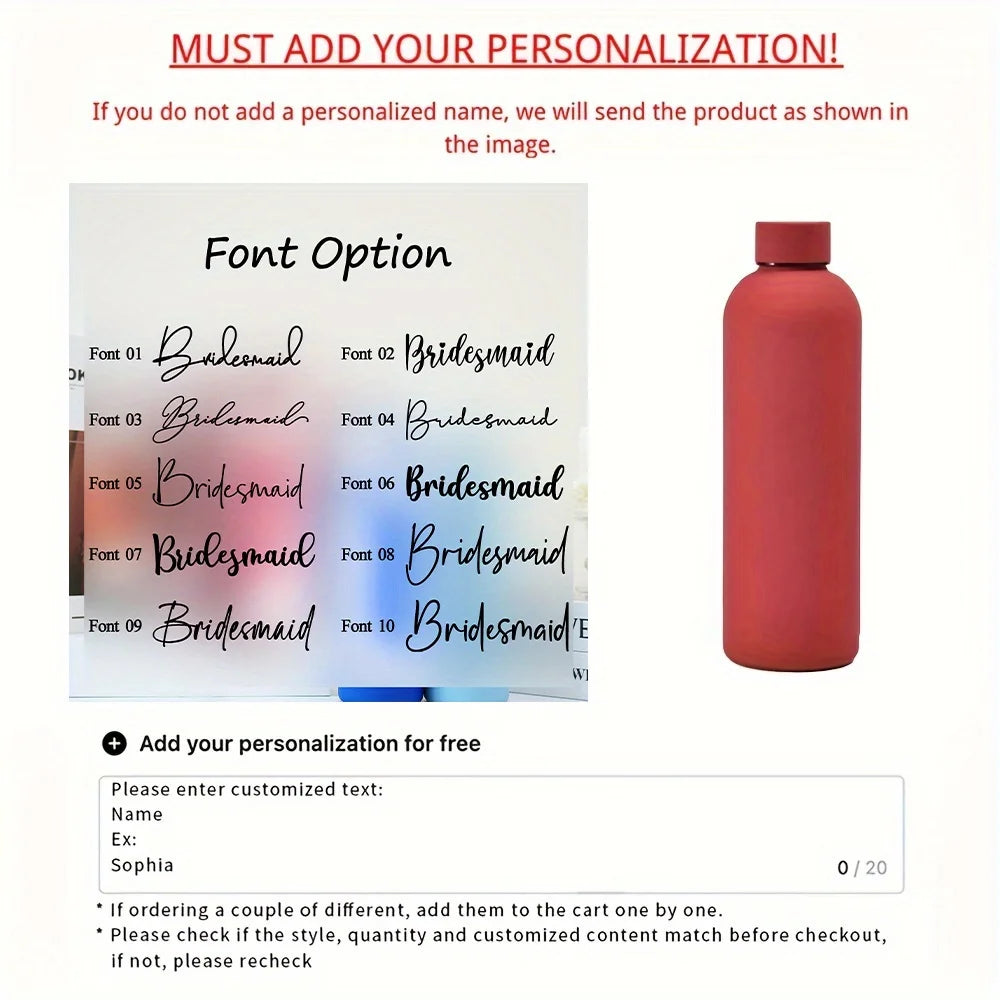 Customized Handwritten Name Stainless Steel Thermos, Matte Water Bottle, Bridesmaid Team Keepsake Gift for Friends.Christmas