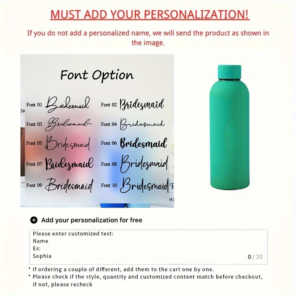 Customized Handwritten Name Stainless Steel Thermos, Matte Water Bottle, Bridesmaid Team Keepsake Gift for Friends.Christmas
