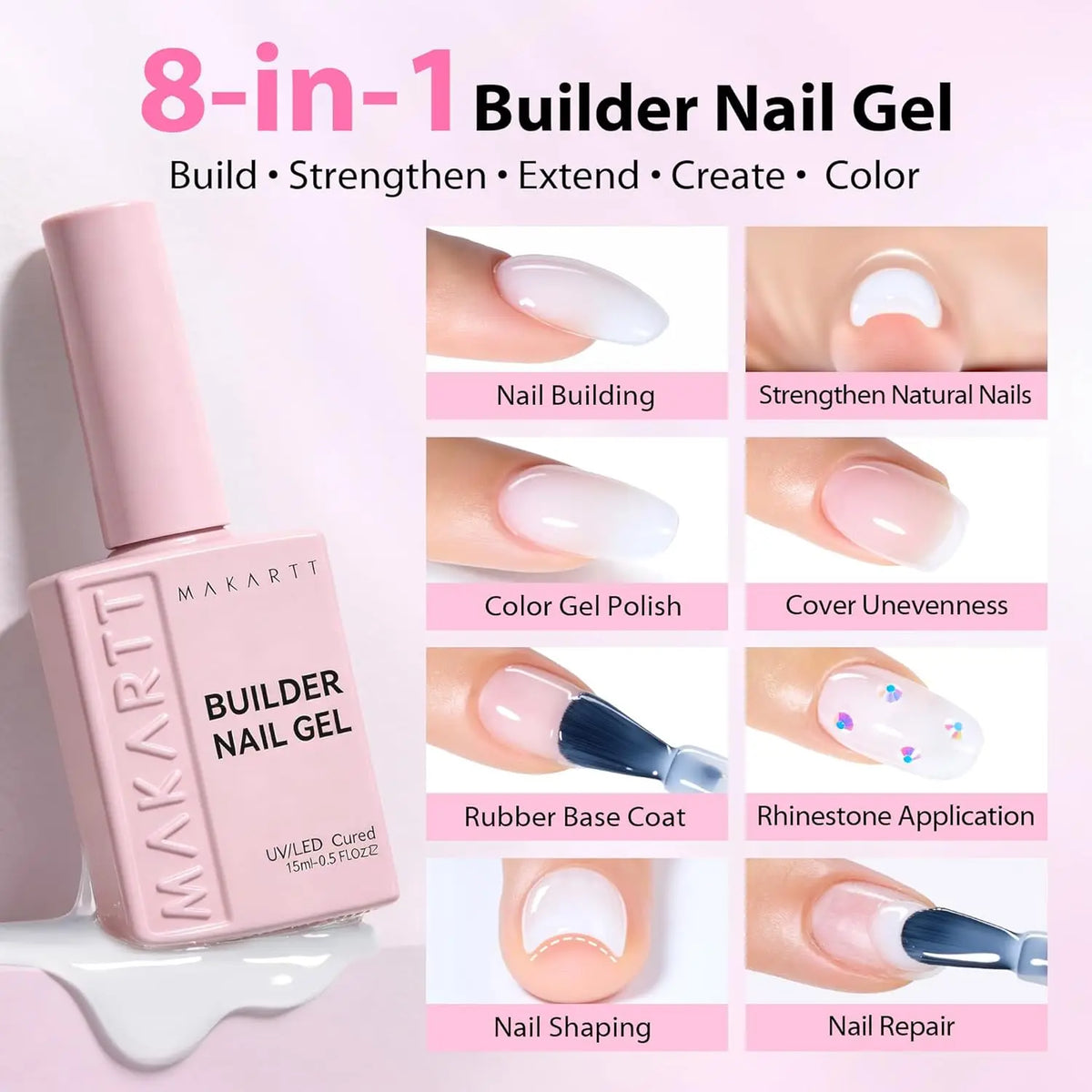 Makartt Builder Gel Milky White 8 In 1 Hard Gel Polish Nail Thickening Nude Strengthener Light Color Extension UV Gels Nail Art