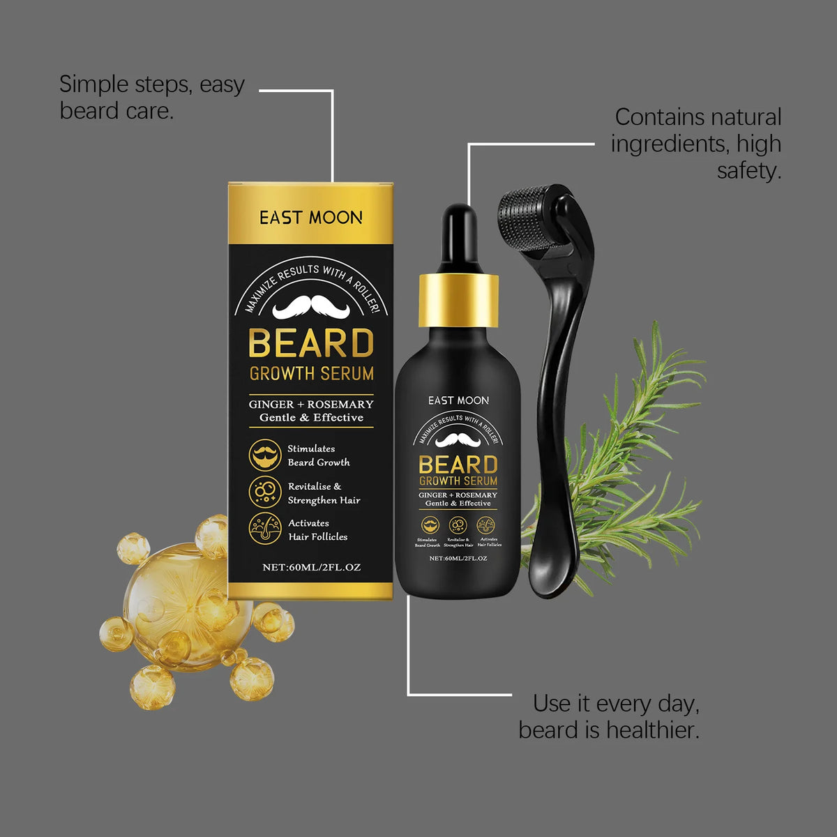 60ML Beard Growth Serum Gentle Cleaning Dirts Nourishing Revitalise Strengthening Hair Volumizing Smoothing Bread Growing Serum