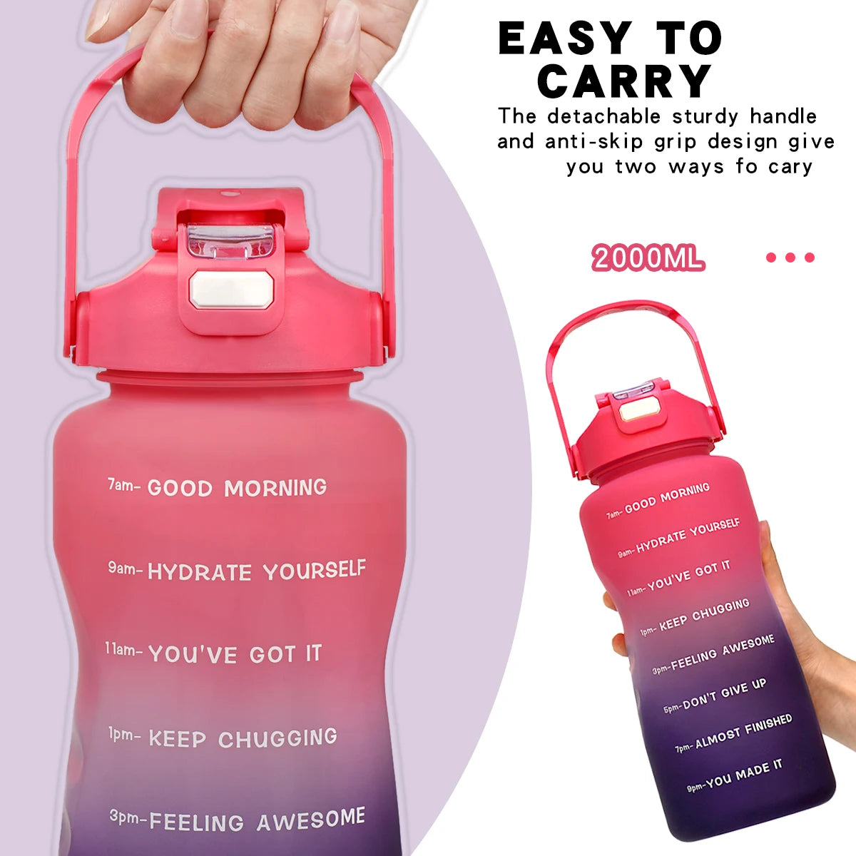 2L Large Capacity Sports Water Bottle with Straw Leak-Proof Plastic Cup for Running Fitness Birthday Holiday Gift