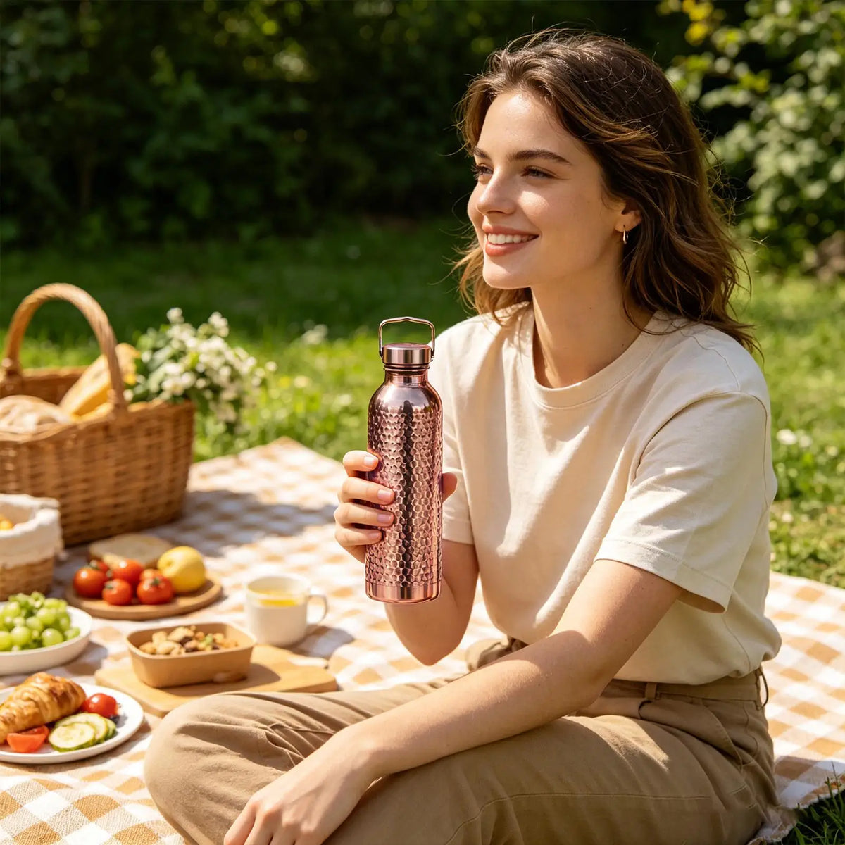 Pure Copper Water Bottle 800ml Portable Stainless Steel Insulated Drinkware Copper Bottle for Drinking Water for Camping Hiking