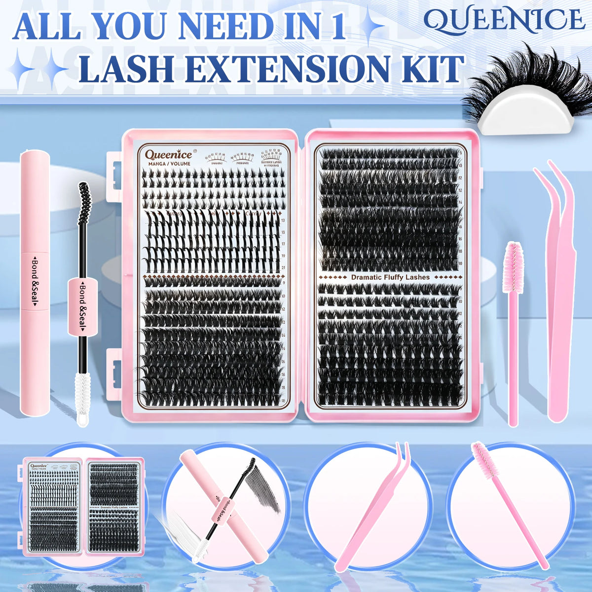 QUEENICE Lash Clusters Kit, Eyelash Extensions Set, 80D,100D 120D Spikes Eyelash Bottom Lashes Clusters Mixed Length Eyelashes
