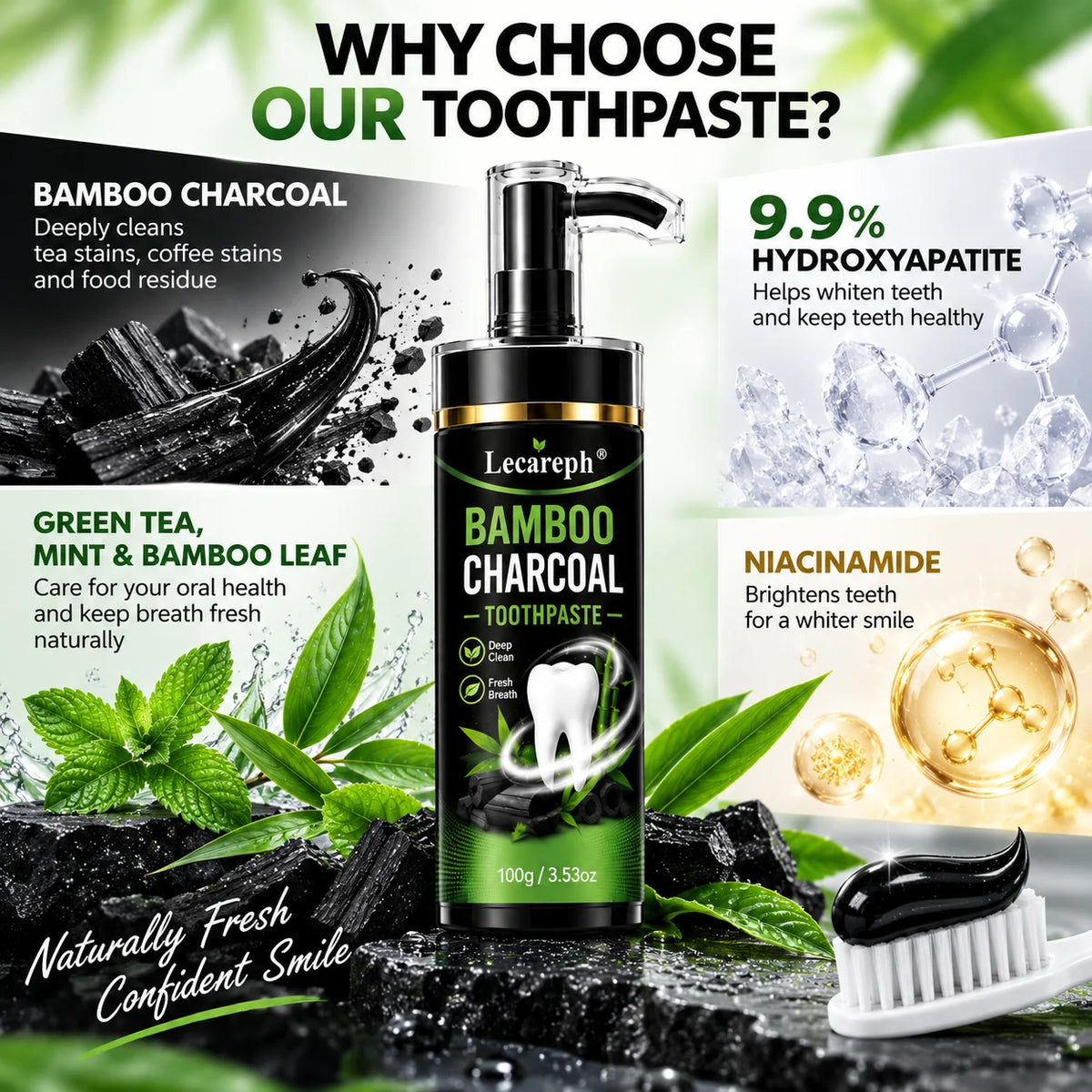 5 Days Bamboo Charcoal Toothpaste 9.9% Hydroxyapatite Nicotinamide Whitens Teeth Deep Removal Herbal Gentle Men's Toothpaste