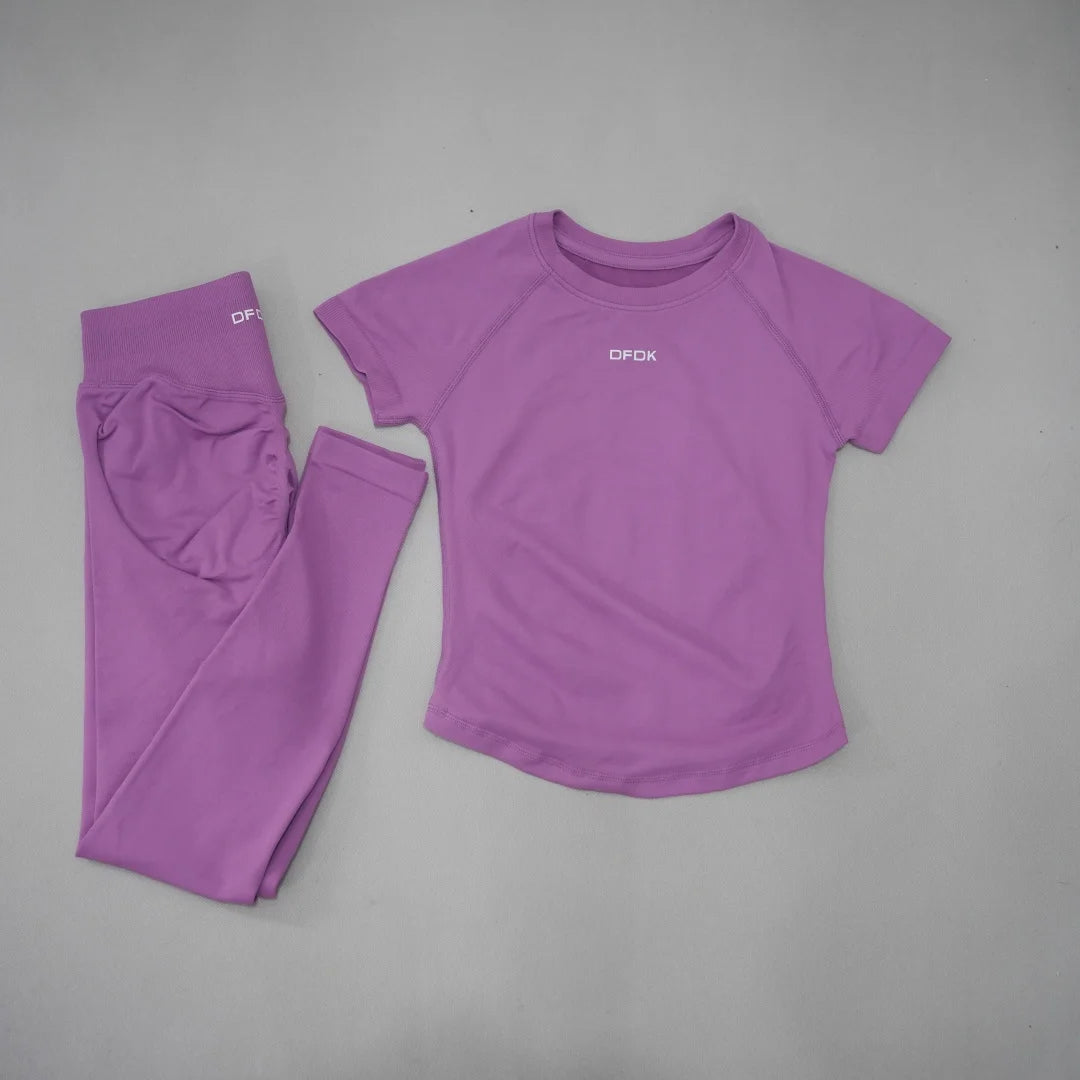 DFDK Women 2Pcs Seamless Yoga Set Short Sleeve Slim Top High Waist Leggings Breathable Quick Dry Outfit for Gym Running Fitness