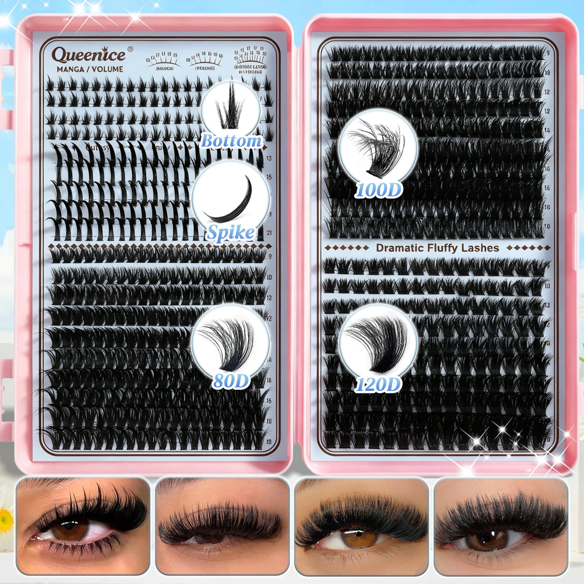QUEENICE Lash Clusters Kit, Eyelash Extensions Set, 80D,100D 120D Spikes Eyelash Bottom Lashes Clusters Mixed Length Eyelashes