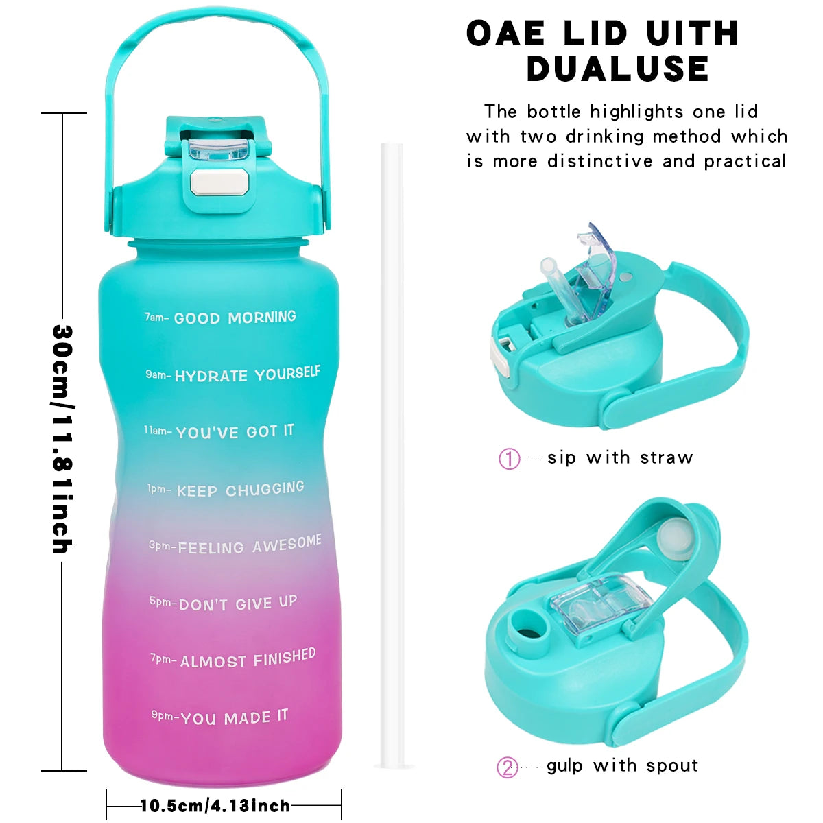 2L Large Capacity Sports Water Bottle with Straw Leak-Proof Plastic Cup for Running Fitness Birthday Holiday Gift