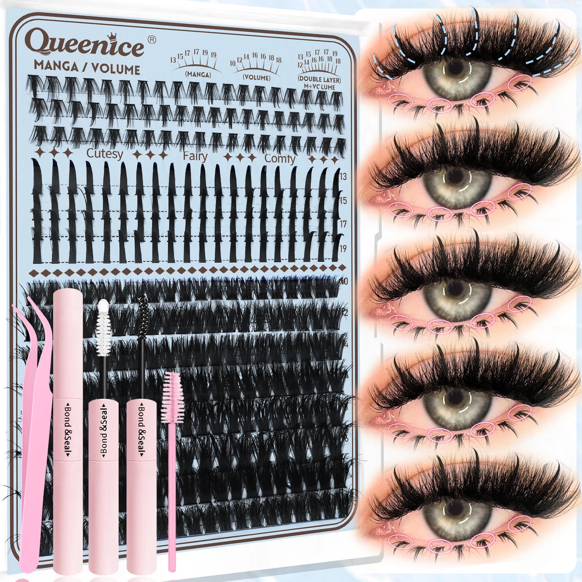 QUEENICE Lash Clusters Kit, Eyelash Extensions Set, 80D,100D 120D Spikes Eyelash Bottom Lashes Clusters Mixed Length Eyelashes
