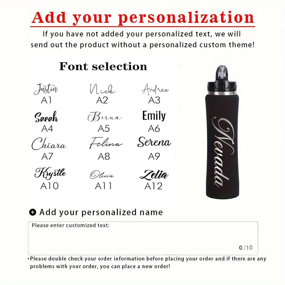 Custom Name Stainless Steel Water Bottle Engraved Insulated Tumbler with Carabiner Handle, Leakproof Travel Flask for Hiking.