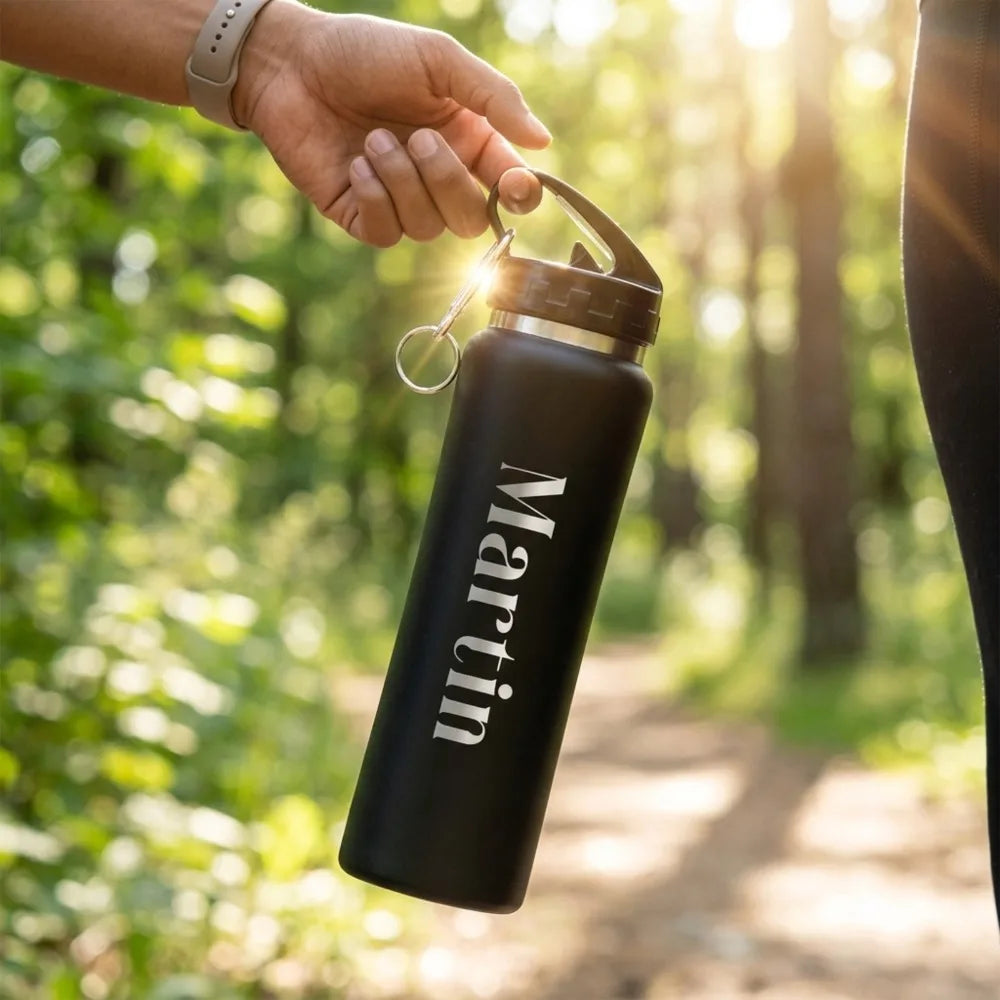Custom Name Stainless Steel Water Bottle Engraved Insulated Tumbler with Carabiner Handle, Leakproof Travel Flask for Hiking.