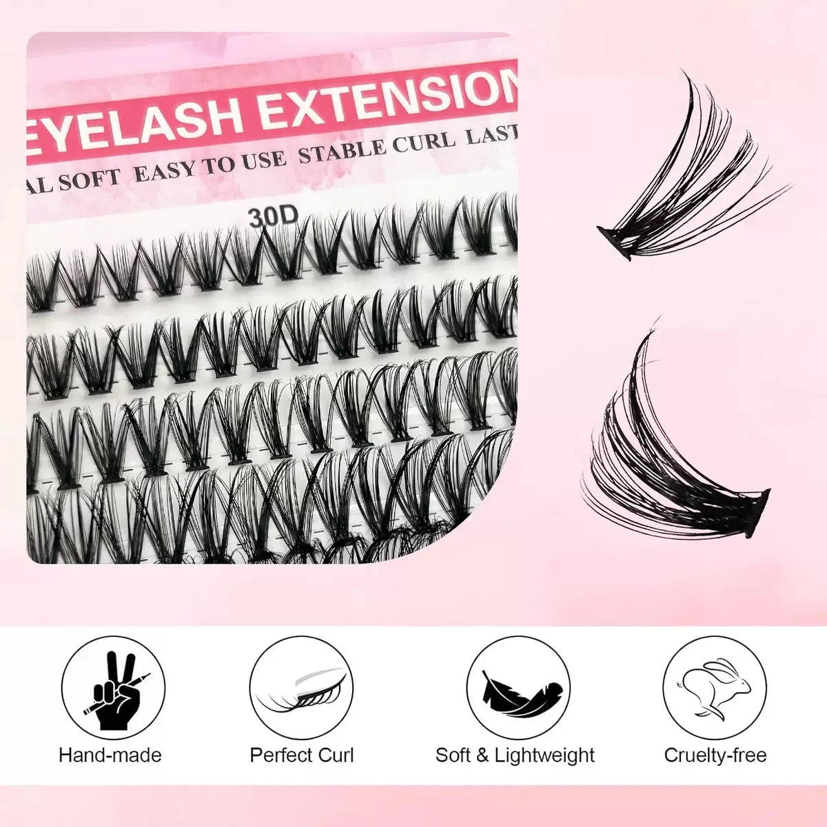 640PCS D Curl Waterproof Lash Extensions, 30D-80D Mixed Clusters, 9-18mm Mixed Length False Eyelashes