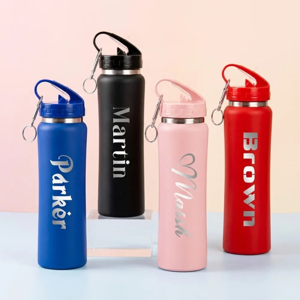 Custom Name Stainless Steel Water Bottle Engraved Insulated Tumbler with Carabiner Handle, Leakproof Travel Flask for Hiking.