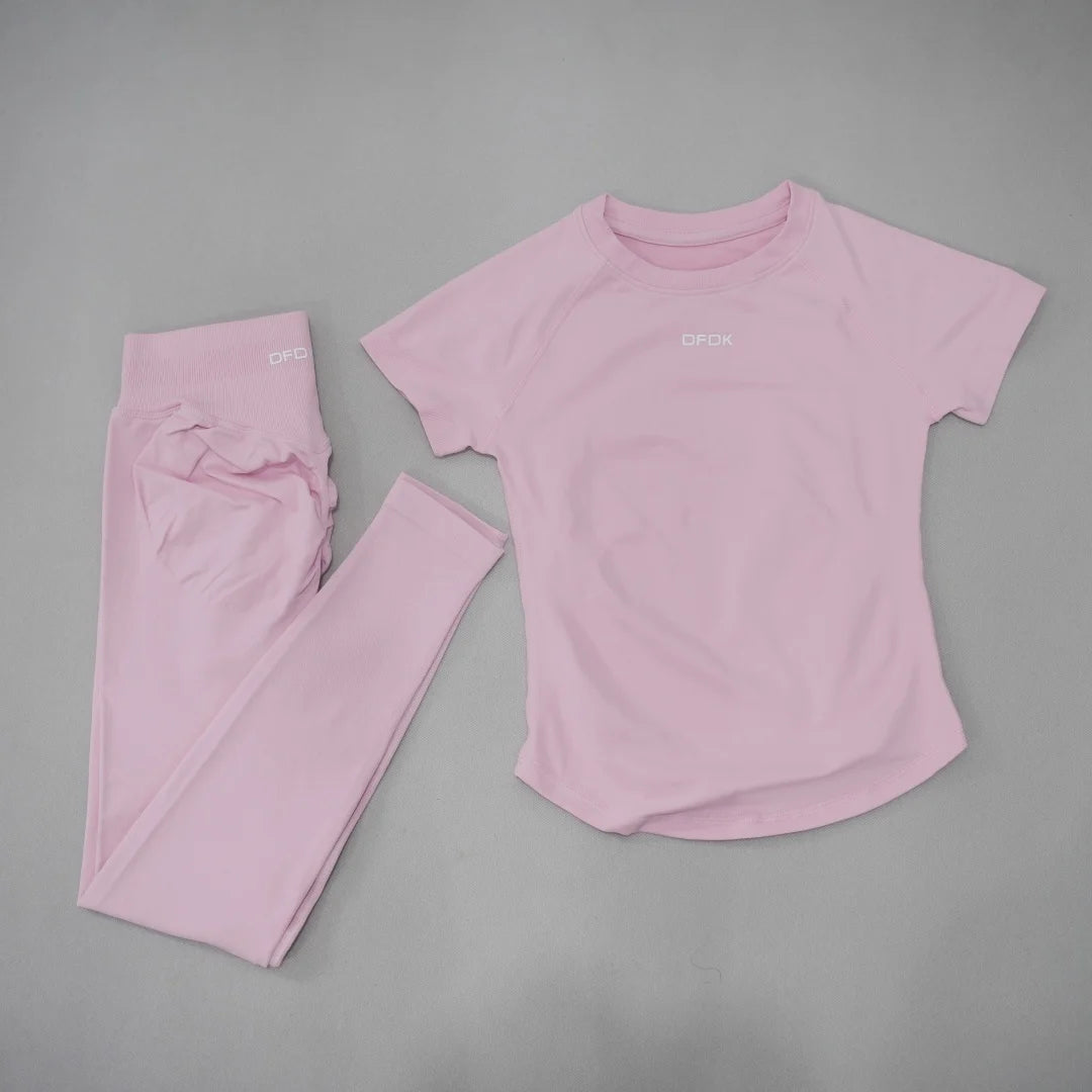 DFDK Women 2Pcs Seamless Yoga Set Short Sleeve Slim Top High Waist Leggings Breathable Quick Dry Outfit for Gym Running Fitness