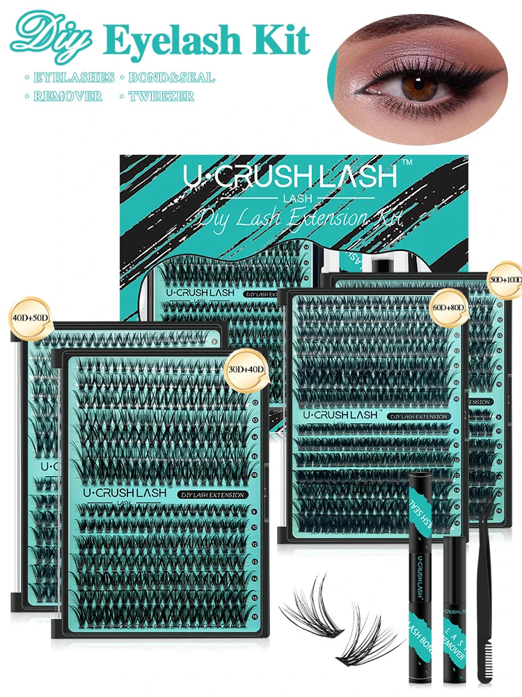 DIY Lashes Extension Kit 280 PCS 8-16mm Lash Clusters False Eyelashes and Eyelashes Makeup Tools Bond and Seal & Remover