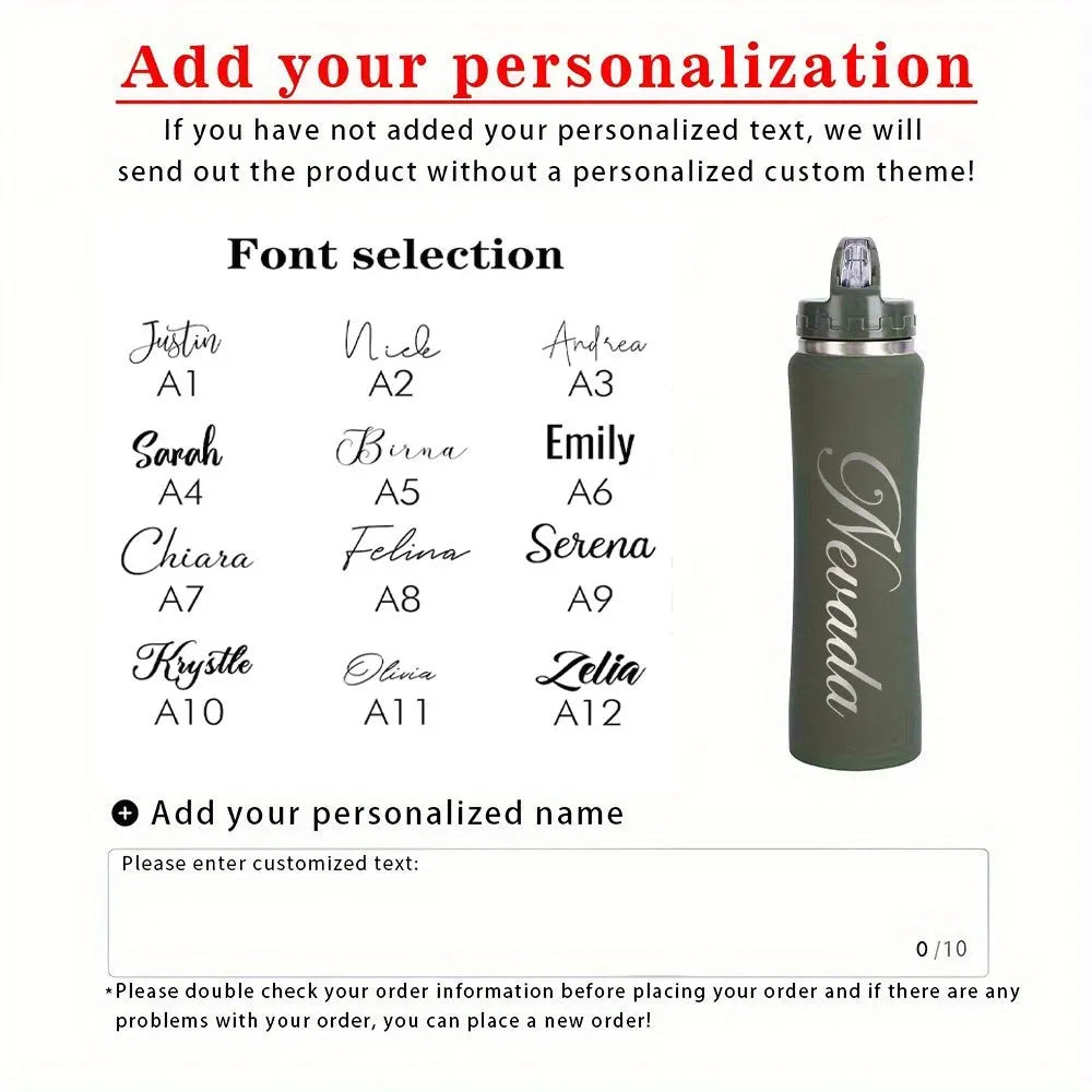Custom Name Stainless Steel Water Bottle Engraved Insulated Tumbler with Carabiner Handle, Leakproof Travel Flask for Hiking.