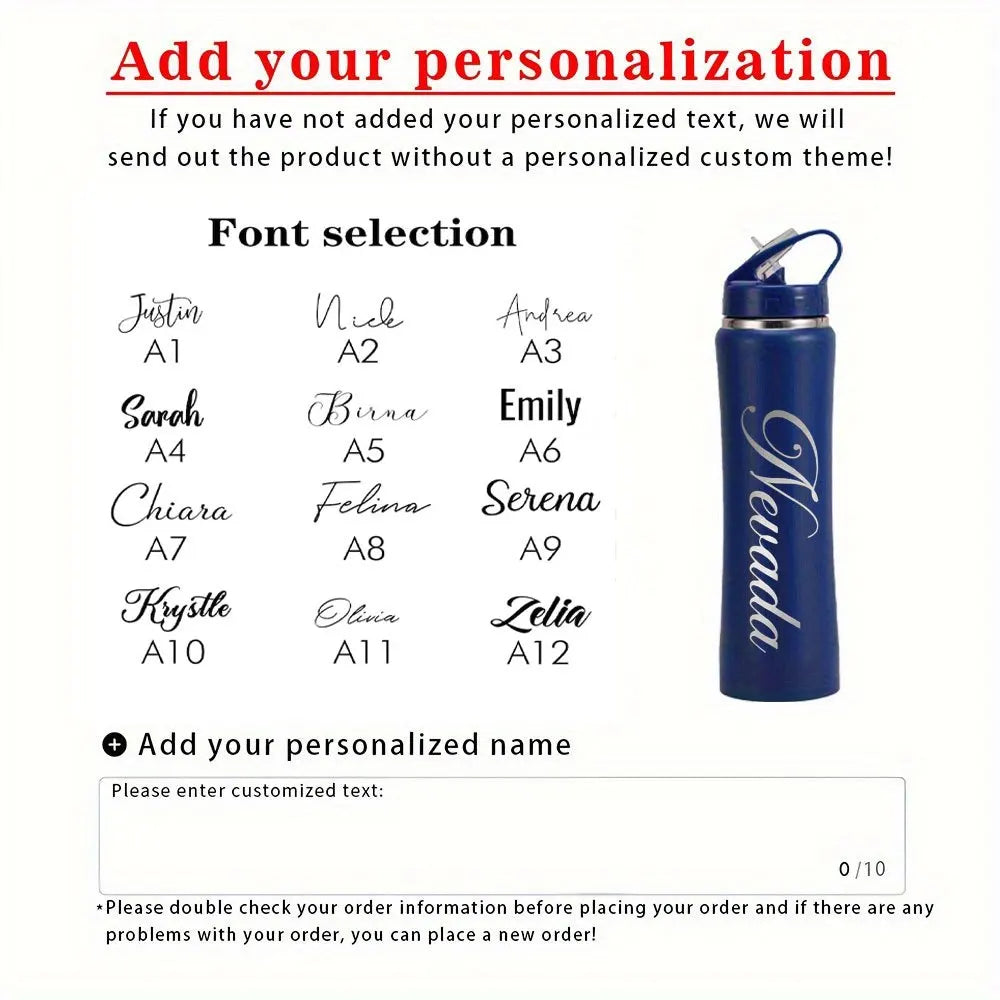 Custom Name Stainless Steel Water Bottle Engraved Insulated Tumbler with Carabiner Handle, Leakproof Travel Flask for Hiking.
