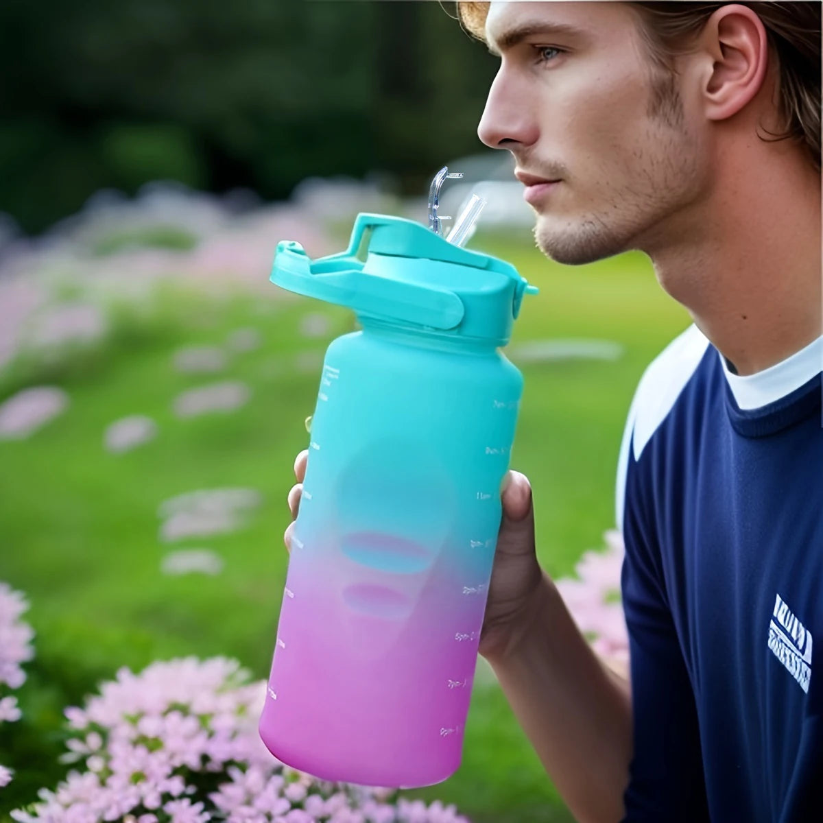 2L Large Capacity Sports Water Bottle with Straw Leak-Proof Plastic Cup for Running Fitness Birthday Holiday Gift