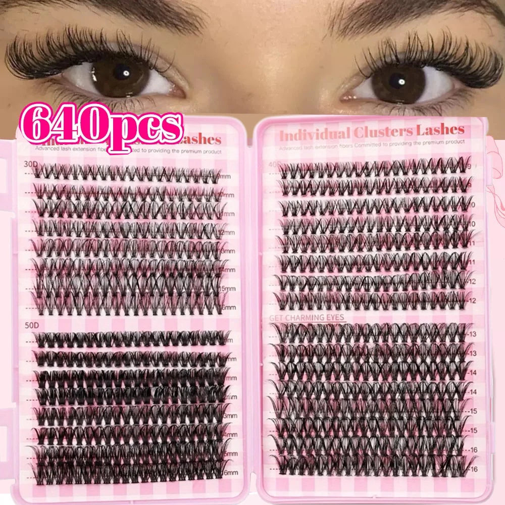 640PCS D Curl Waterproof Lash Extensions, 30D-80D Mixed Clusters, 9-18mm Mixed Length False Eyelashes