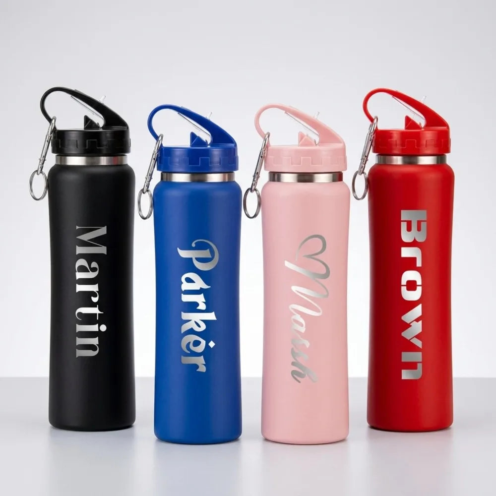 Custom Name Stainless Steel Water Bottle Engraved Insulated Tumbler with Carabiner Handle, Leakproof Travel Flask for Hiking.