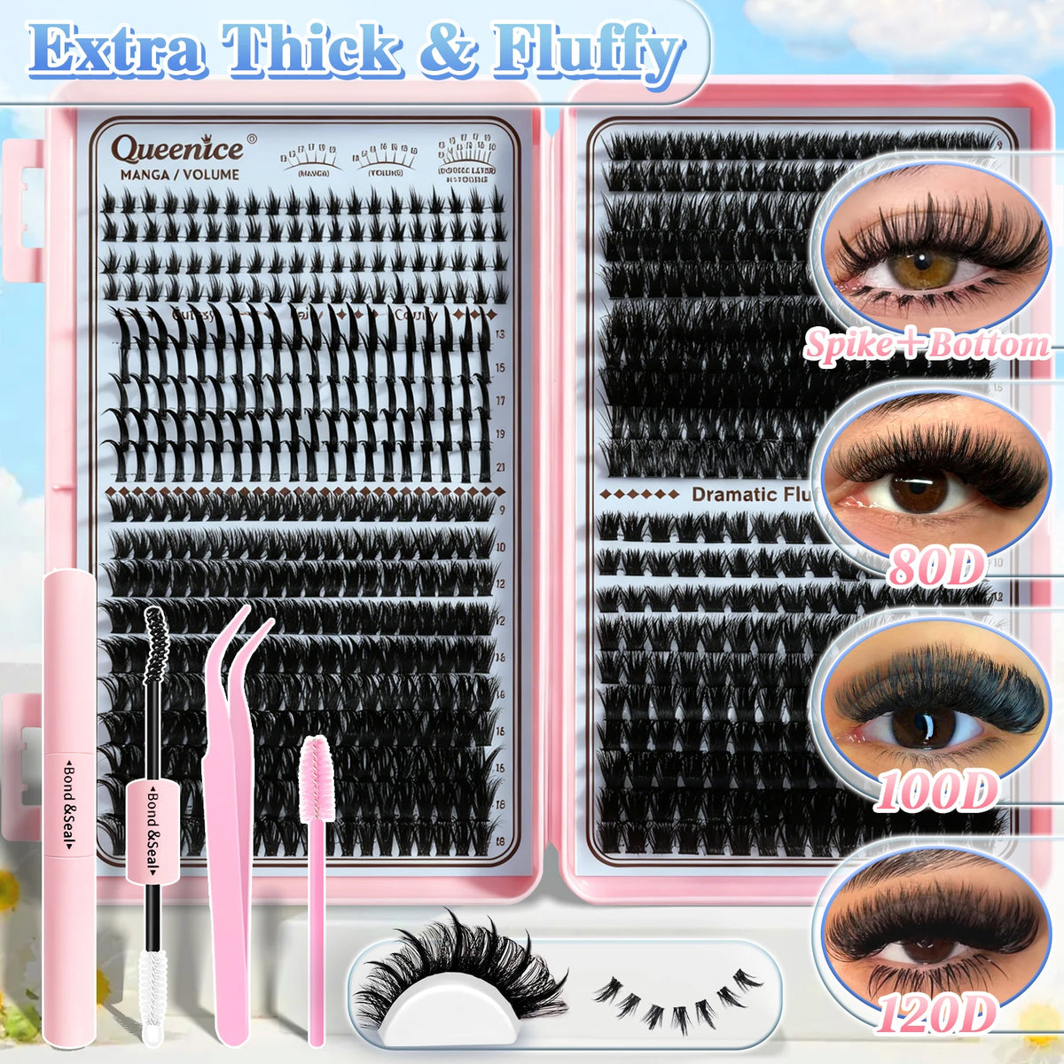 QUEENICE Lash Clusters Kit, Eyelash Extensions Set, 80D,100D 120D Spikes Eyelash Bottom Lashes Clusters Mixed Length Eyelashes