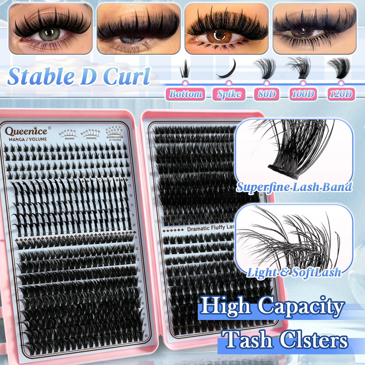QUEENICE Lash Clusters Kit, Eyelash Extensions Set, 80D,100D 120D Spikes Eyelash Bottom Lashes Clusters Mixed Length Eyelashes