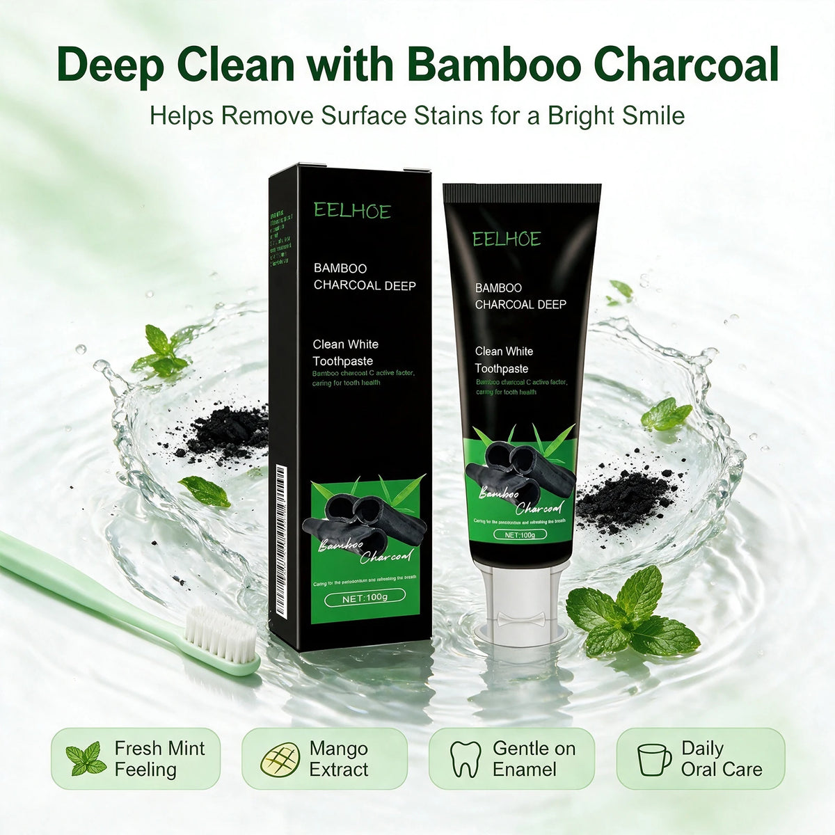 Bamboo Charcoal Brightening Toothpaste Gentle Surface Stain Removal Fresh Breath Daily Oral Care Mint 100g