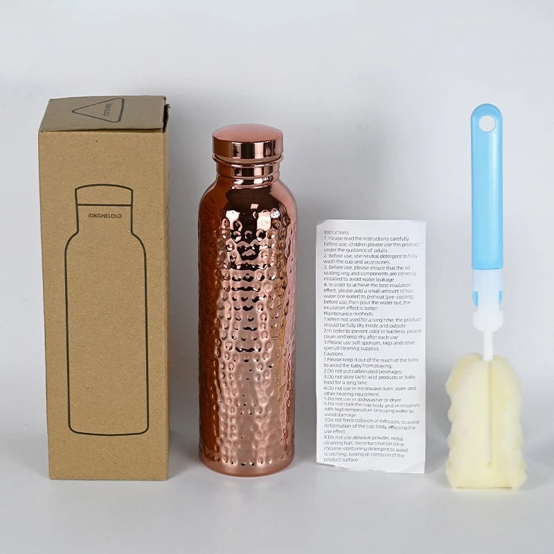 800ML Stainless Steel Electroplated Copper Water Bottle One-Click Open Lid Hammer Pattern Bottle Sports Water Bottle