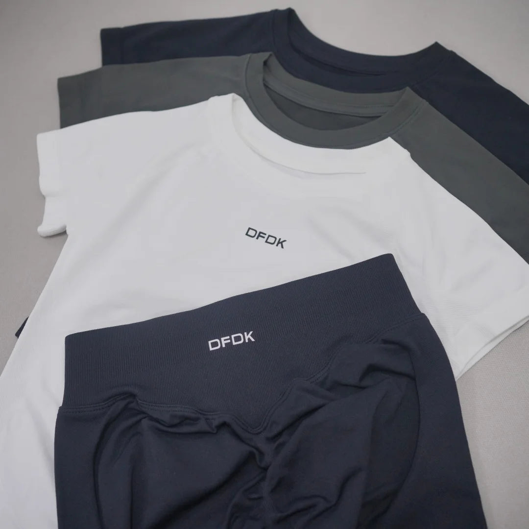 DFDK Women 2Pcs Seamless Yoga Set Short Sleeve Slim Top High Waist Leggings Breathable Quick Dry Outfit for Gym Running Fitness