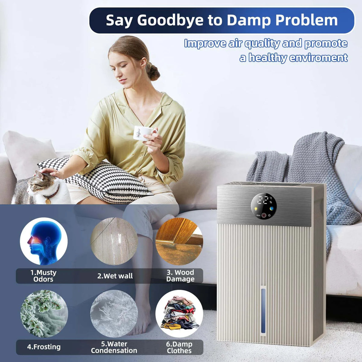Dehumidifier, 60 OZ Dehumidifiers for Home, Quiet Dehumidifier with Timer Sleep Mode Auto-Off 7 Colors for Bathroom, RV, Closet