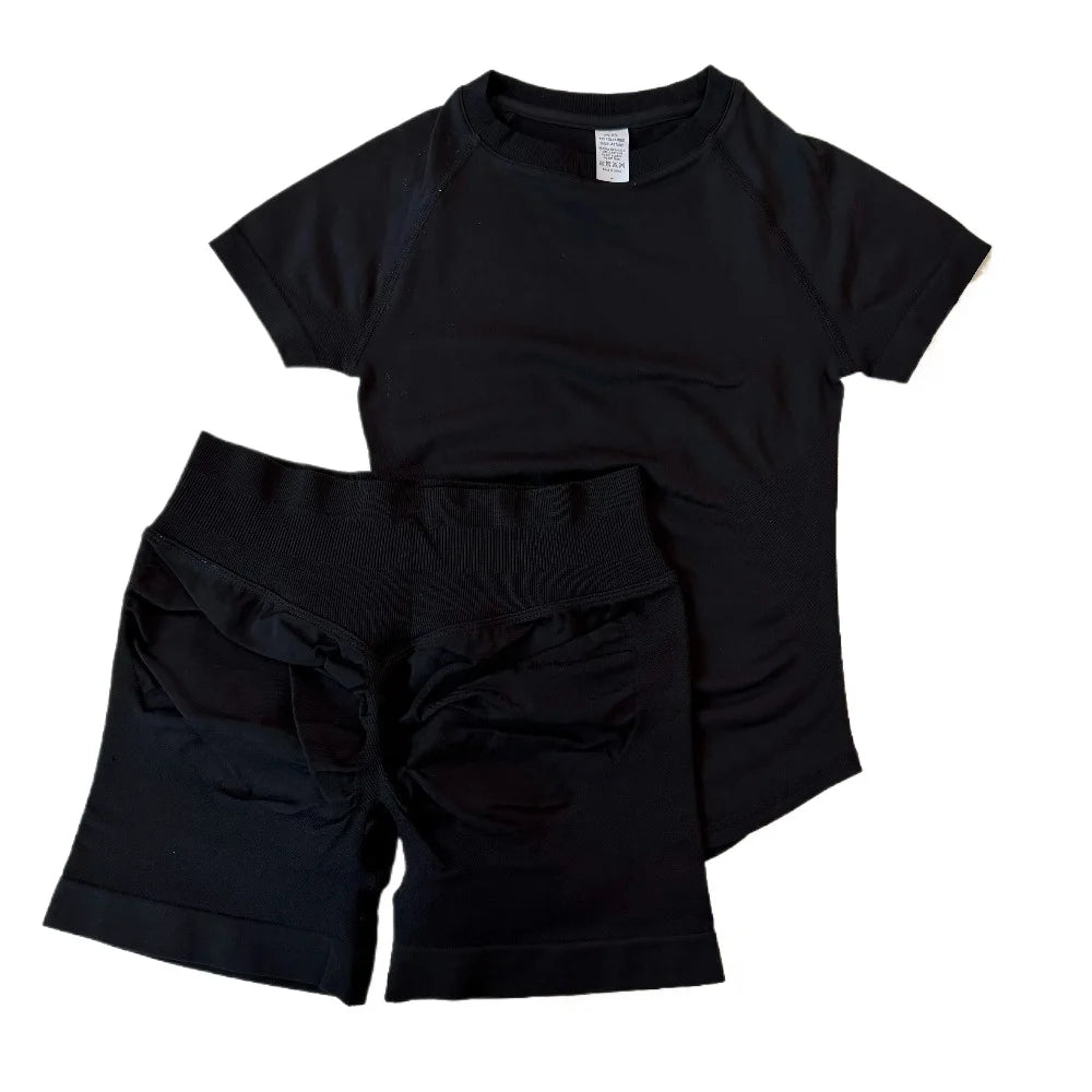 1-2 Pieces Sports Sets Short Sleeve Seamless Yoga Top Gym Suit T-shirt Set Fitness Set Women Workout Running Sports Shorts