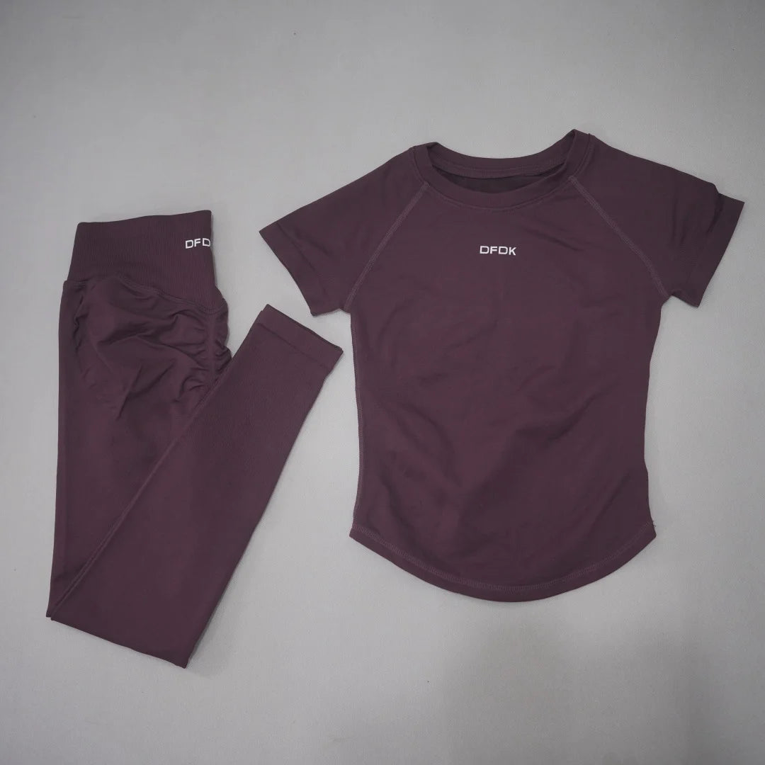 DFDK Women 2Pcs Seamless Yoga Set Short Sleeve Slim Top High Waist Leggings Breathable Quick Dry Outfit for Gym Running Fitness